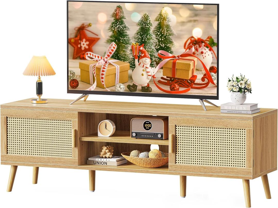 SUPERJARE Boho TV Stand for 65 Inch TV, Entertainment Center with Adjustable Shelf, Rattan TV Console with 2 Cabinets, Media Console, Solid Wood Feet, 4 Cord Holes, for Living Room - Natural