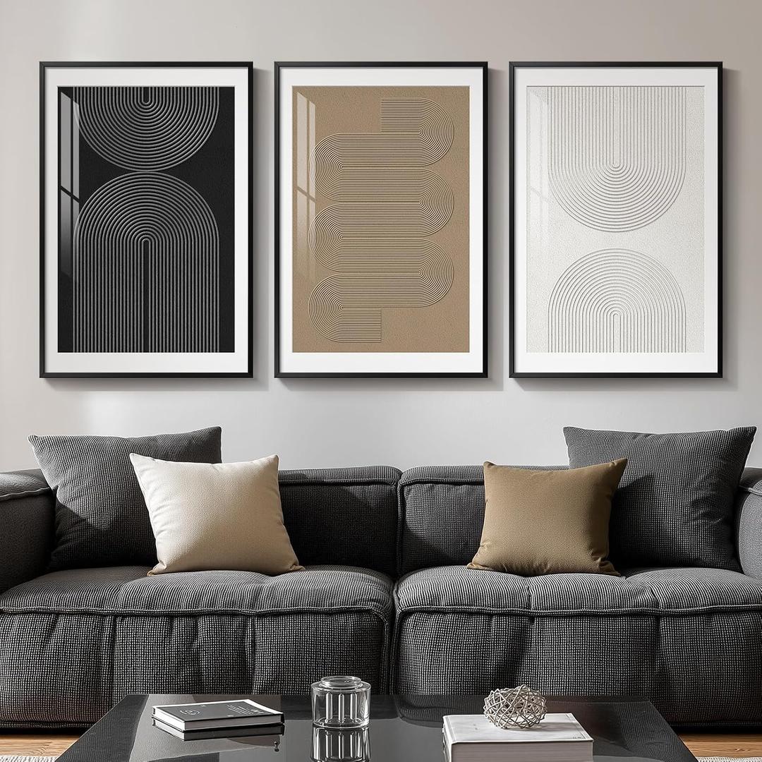 Framed Boho Neutral Abstract Wall Art, Set of 3 Modern Art Prints Paintings Artwork for Walls, Minimalist Black White Brown Geometric Pictures for Living Room, Dining Room, Bedroom Wall Decor 16x24 In, 16" W X 24" H X 3pcs