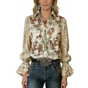 CHERRYBETTY Women's Boho Paisley Blouse Western Floral Print Top Ruffled Cuff Long Sleeve Button-Down Shirt L