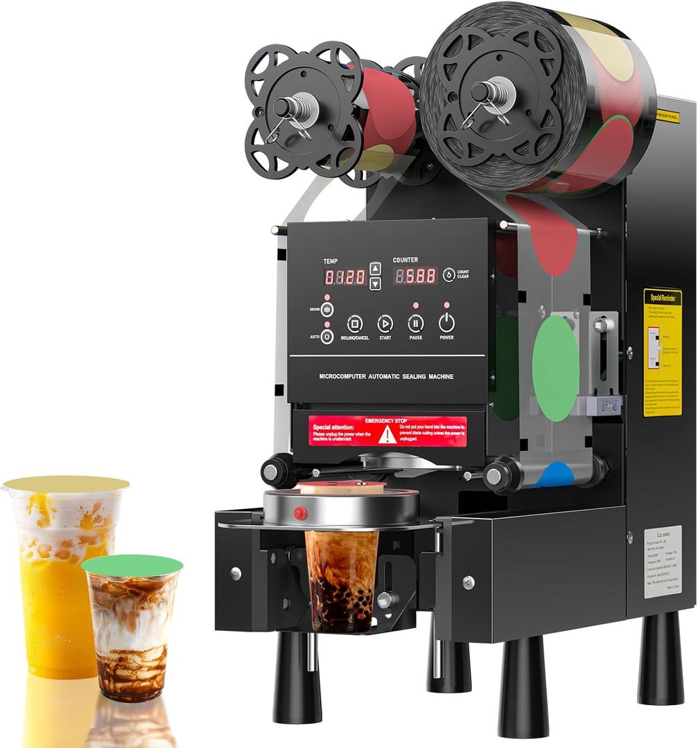 Cup Sealing Machine, Full Automatic Cup Sealer, 88/89/90/95 mm Electric Boba Machine, 600 Cups/H, Plastic & Paper Cups for Bubble Boba Tea Coffee Juice (Sealing Film Excluded)