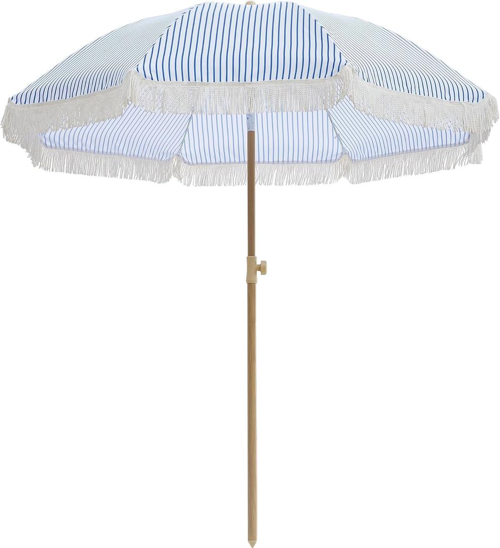 Outdoor Umbrella - Sun Protection, Rain Resistant, Windproof with Manual Open-Close Feature - Ideal for Beach, Camping, and Picnics (Blue Pinstripe)