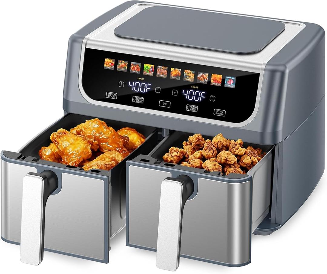 DUMOS 10-in-1 Air Fryer 9.5 QT, Large Airfryer with with 2 Independent Frying Baskets, Sync Finish & Match Cook, Shake Reminder, Wide Temperature 80-450F, Roast Bake Defrost Dehydrate, Grey, 16" x 14" x 11.5"