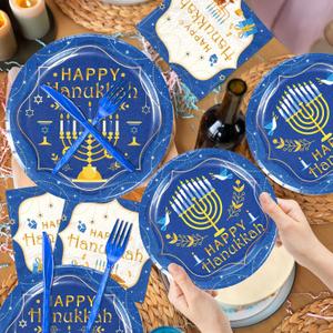 Happy Hanukkah Plate and Napkins Hanukkah Party Decorations Tableware Set Jewish Chanukah Party Supplies Paper Plates, Serve for 20 Guests