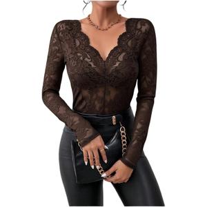 WDIRARA Women's Floral Embroidery Mesh Lace Top V Neck Sheer Long Sleeve Blouse (Medium, Coffee Brown)