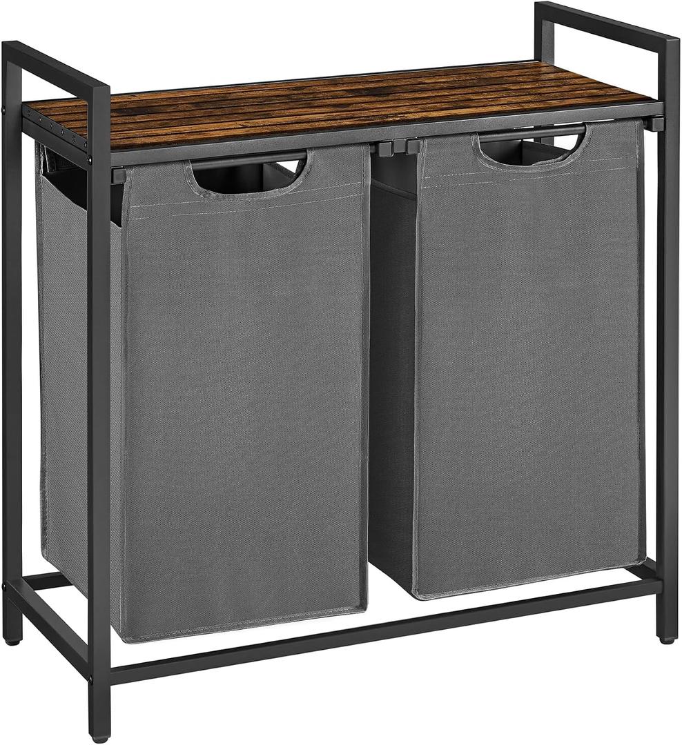 VASAGLE Laundry Hamper, Laundry Basket, Laundry Sorter with 2 Pull-Out and Removable Bags, Shelf, Metal Frame, 2 x 12.1 Gallons (46 L), 28.8 x 13 x 28.4 Inches, Slate Gray and Rustic Brown UBLH201G01, 2 Bags - 92 L