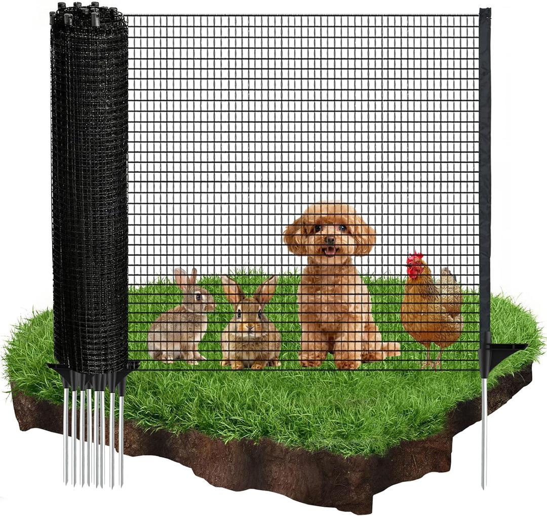 Temporary Fence with Posts, 3'x50' Plastic Fencing Garden Fence Animals Barrier with Fiberglass Stake Windbreak Rope, Portable Snow Fences, Fencing for Dogs Outdoors Backyard (Black)