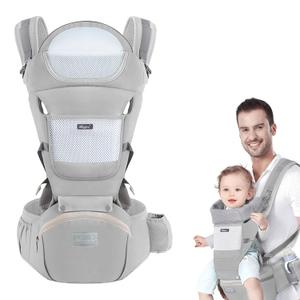 Baby Carrier with Hip Seat, Multi-Functional 9 in 1 Baby Wrap Carrier Newborn to Toddler for All Seasons Ergonomic Baby Sling Carrier Hands Free Baby Backpack Carrier 7-45 lbs (Grey)