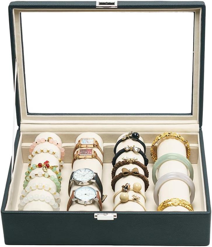 Bracelets Organizer Rods Bangles Display Holder, Clear See through Lid Leather Velvet Jewelry Storage Box Case for Women, 4 Rods Black Leather