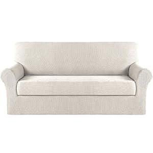 Turquoize Stretch Sofa Slipcover 2 Pieces Sofa Cover Couch Cover for 3 Cushion Couch Washable Furniture Protector Covers with Elastic Bottom Feature Thick Jacquard Fabric (Sofa, Ivory)