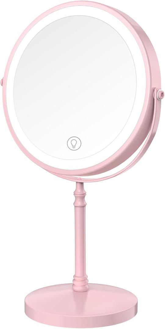 Lighted Makeup Mirror, 3000 mAh Rechargeable Double Sided Magnifying Vanity Mirror with 3 Colors, 1x/10x, 360 Rotation , Brightness Adjustable Magnification Cosmetic Light up Mirror, Women Gift (Pink)