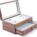 Beexchange Black Walnut Wooden Jewelry Box - Allwood, Handcrafted, Glass Lid 1 drawer. Gift for Women, Men, and Girls. Jewelry Organizer Storage(Double-Layer)