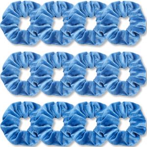 IVARYSS Azure Blue Scrunchies Bulk, Premium Velvet Soft Hair Scrunchy, Solid Colors Thick Elastic Bands, Hair Accessories for Women and Girls, 12 Pack