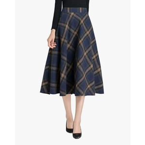 IDEALSANXUN Women's Plaid Wool Skirts Elastic Waist A-Line Pleated Tartan Long Skirts, S Mid-Calf Navy