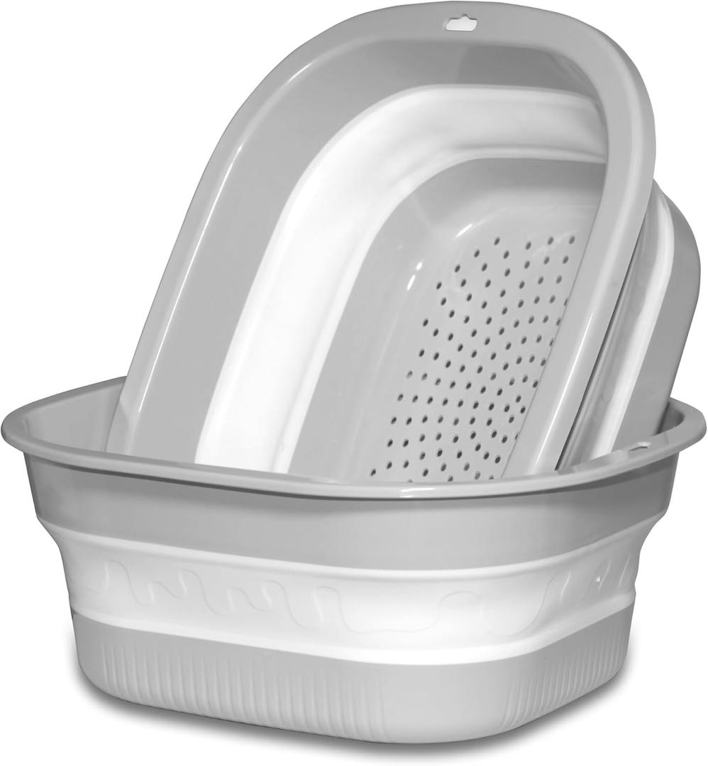 Collapsible Dish Basin with Colander, Foldable 2-in-1 Dish Pan and Strainer Set with Drain Holes, Portable Wash Basin for Kitchen Sink, Camping, Travel & RV (Grey)