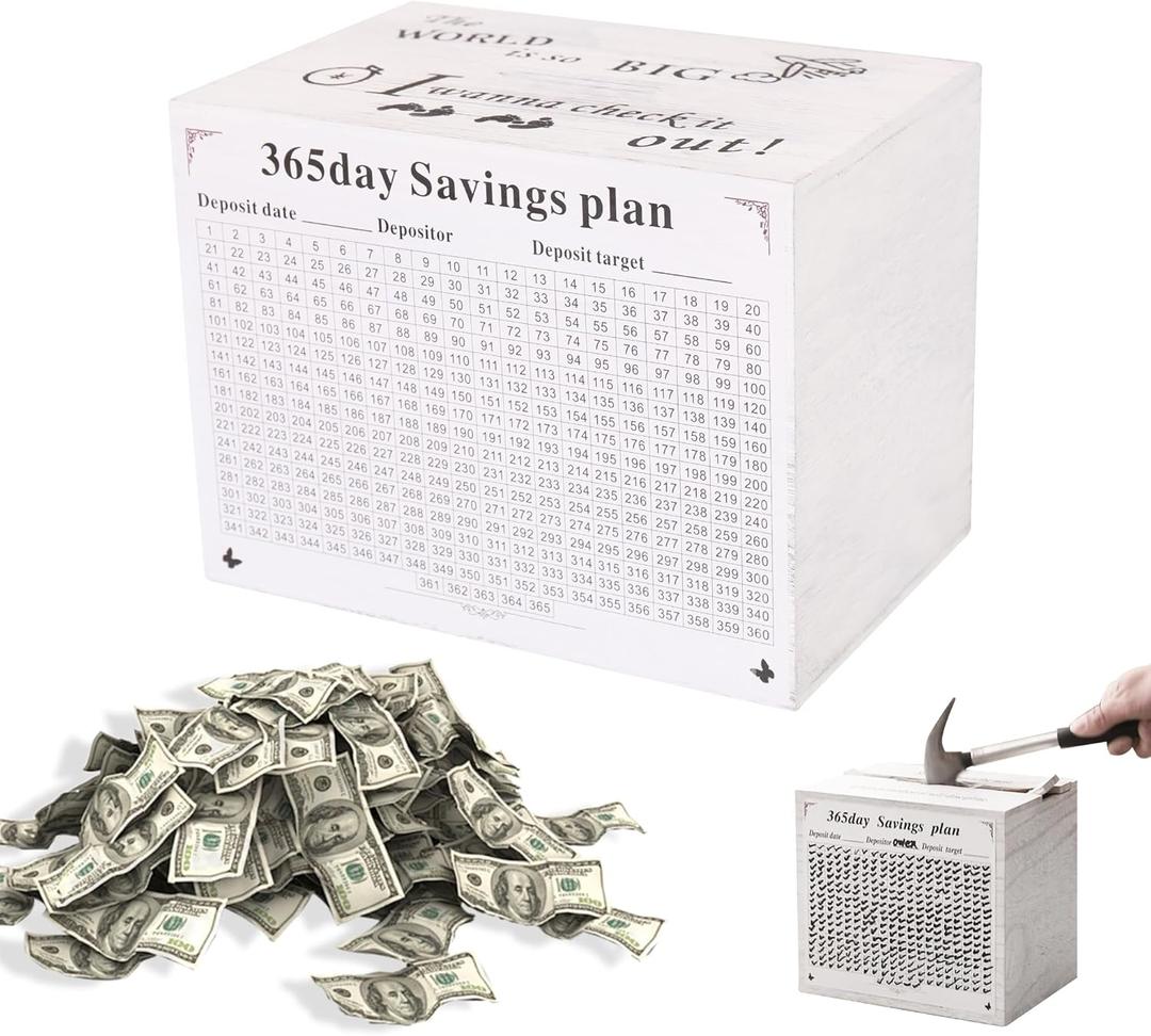 Piggy Bank for Kids and Adults, Wooden Money Saving Box for Cash, Unbreakable Piggy Bank for $10000 $5000 $3000 $1000 $800 $500 Target Money Saving Challenge.(White)