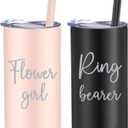 Sieral 2 Pcs 16 oz Flower Ring Bearer Tumbler Cup Stainless Steel Cup with Straw Water Bottle Gift Idea for Wedding Party(Black, Pink)