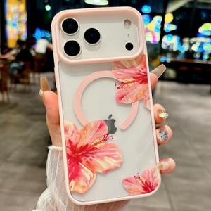Magnetic for iPhone 17 Pro Max Case [Compatible with MagSafe] Cute Trendy Hibiscus Flower Pattern Design for Summer Hawaiian, Translucent Shockproof Protective Case for Girls Women-Pink
