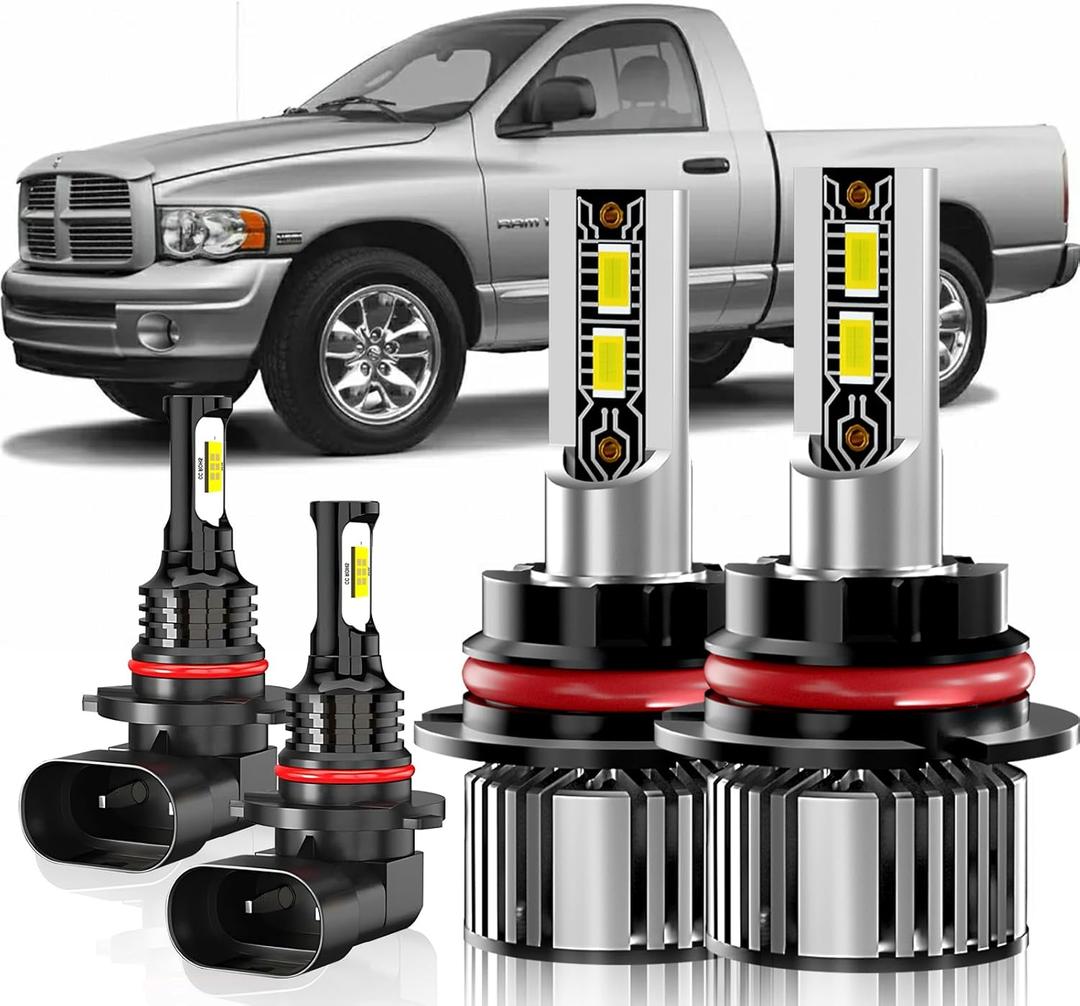 Compatible For 2002-2005 Dodge RAM 1500 2500 3500 High/Low Beam Fog Light Bulbs Kit, 600% Brightness 6500K White, Plug-N-Play, Pack of 4