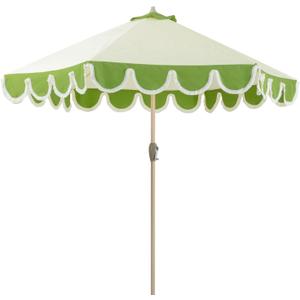 Tempera 9ft Scalloped Patio Umbrellas with Fringe, Market Umbrellas with Water-Resistant and Fade Resistant Canopy, 1.5" Wood Pole & Button Tilt,Green Beige Spliced