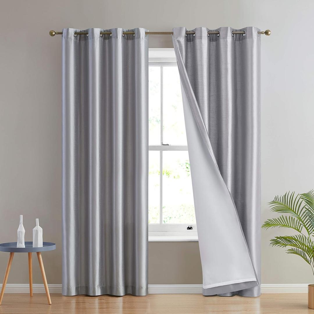 HLC.ME Jefferson Faux Silk Semi Sheer Light Filtering Microfiber Lined Grommet Lightweight Window Curtains Drapery for Bedroom, Dining Room & Living Room, 2 Panels (54 x 84 Inch, Light Grey)