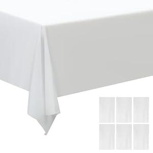 ZEBWAY 6 Pack Premium Disposable Plastic Tablecloth 54 X108 Inch Rectangle Solider Color Heavy Duty Table Cover for Dining Tables, Parties and Holidays Decorative (White)