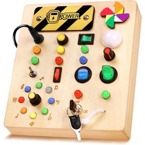 Busy Board with pinwheels Led Light, Wooden Educational Montessori Sensory Travel Toys for Toddlers 1-3, Fine Motor Skills Birthday Gifts for Boys Girls Toddlers 1 2 3