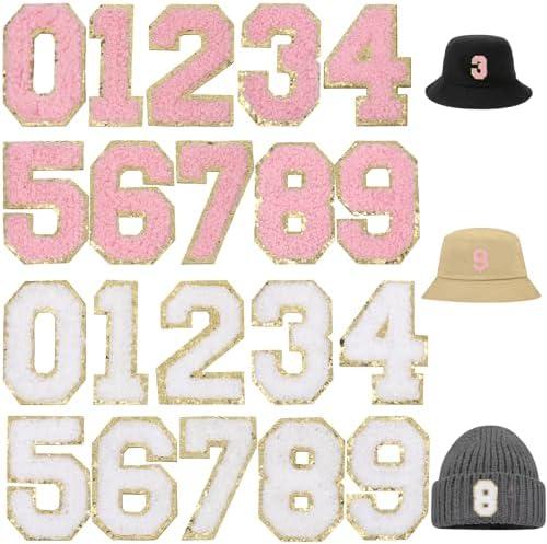 20Pcs Iron on Number Patches, Self-Adhesive Chenille Embroidery Patches 0-9 Iron on Numbers Applique with Gold Glitter Sequins for Team Jerseys Sports Football Jeans Bags Hats Clothing Decors