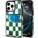 SOKAD Checkered Wallet Case for iPhone 16 Pro with Card Holder, Cute Checkerboard Design for Women Girls, Slim Soft Leather 2 Card Slots Protective Shockproof Phone Case, Green