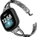 Wearlizer Metal Band Compatible with Fitbit Versa 4/Versa 3/Sense/Sense 2 Bands for Women, Dressy Stainless Steel Bling Rhinestone Link Bracelet Wristband Replacement Strap, Black