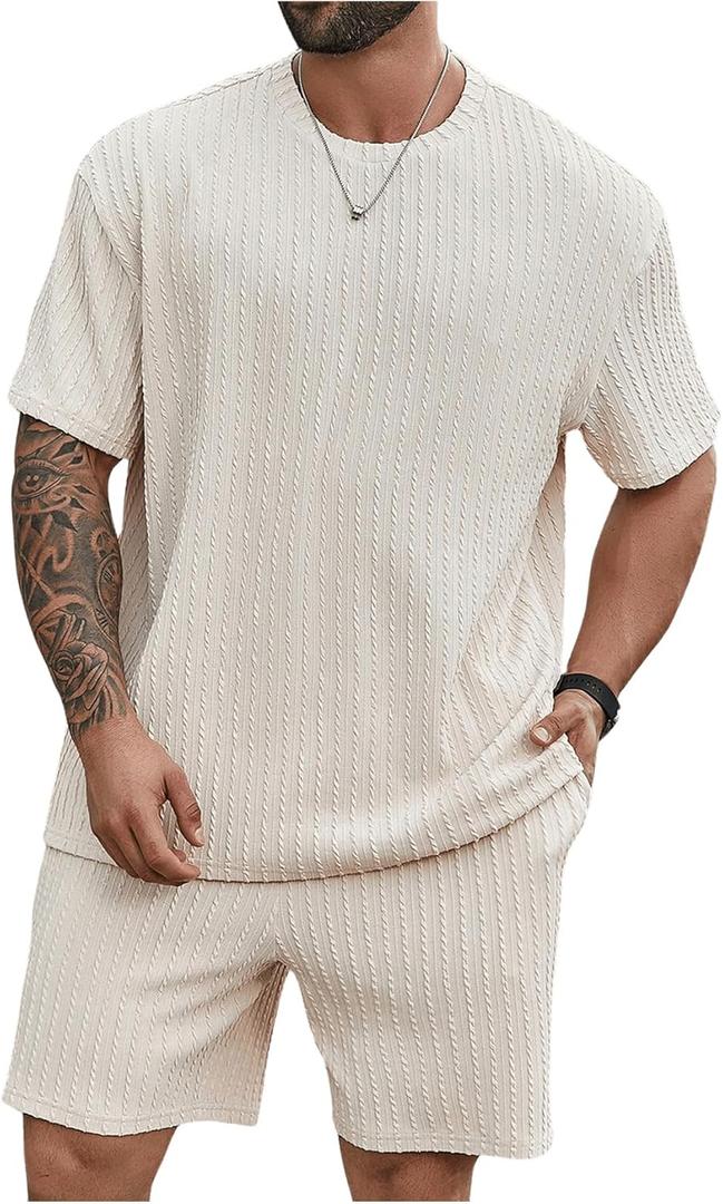 RoseSeek Men's Big and Tall 2 Piece Summer Outfits Textured Drop Shoulder T Shirt and Short Sets Tracksuit, 4XL