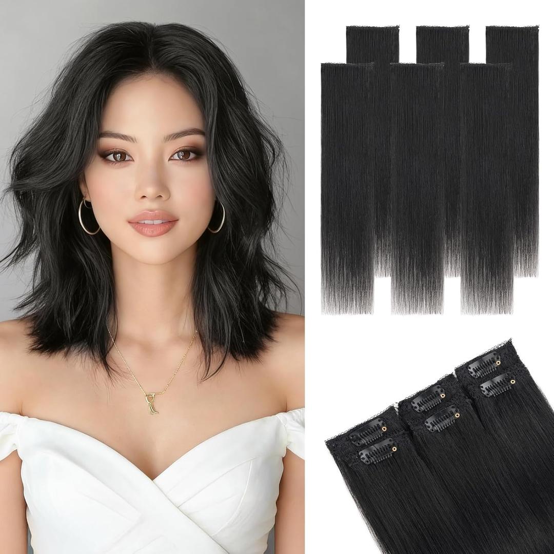 Clip in Short Hair Extensions Real Human Hair,Prokyvity Short Hair Extensions Clip ins,Mini Hairpieces for Volume & Highlights,Seamless & Invisible Design,6 Pieces 33g 12 inch Jet Black