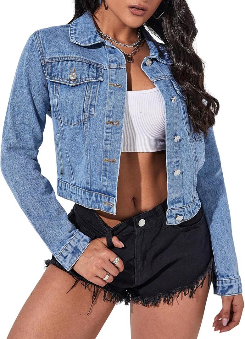 Womens Cropped Jean Denim Jacket Long Sleeve Button Up Short Jean Jacket with Pockets (Large, Blue)