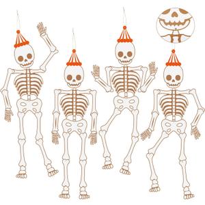 4 Pcs Large Halloween Jointed Skeleton Decoration Vintage Flat Paper Skeleton Decoration with Movable Joint Halloween Giant Cutout for Holiday Door Window Party, 55.12 Inch Tall