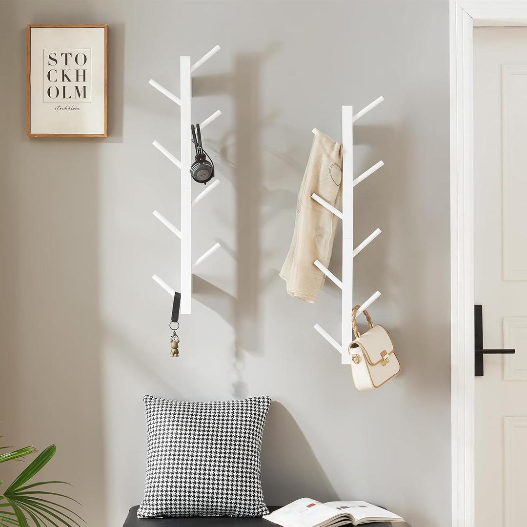 2 Pack Vertical Wall Coat Rack, Bamboo Wall Mounted Hat Hooks Hanging Wooden Racks Hanger Wall Mount Tree for Hats Coats Hacket Clothes Bags Entryway Bedroom(White)