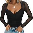 Chunpin Women's Square V Neck Mesh Bodysuit Long Sleeve Mesh Tops Outfits Sexy Bodysuits (Black, XL)