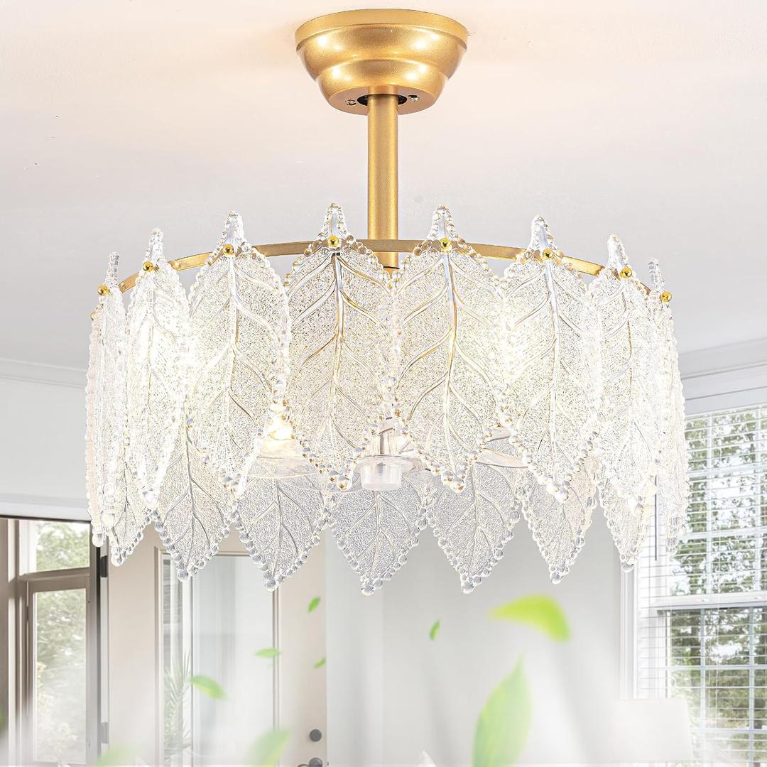 Gold Leaf Crystal Ceiling Fan with Lights,20" Caged Fandelier with Remote Control,Glass Chandelier Fan with 6 Speeds Quiet Reversible Motor for Bedroom,Nursery,Dining Room