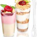 TOFLEN 100 Pack 3 oz Round Mini Dessert Cups with Spoons Clear Plastic Dessert Shooter Cups for for Party, Yogurt, Parfait, Cheesecake, Pudding, Jello and Appetizers, 100 cups + 100 spoons