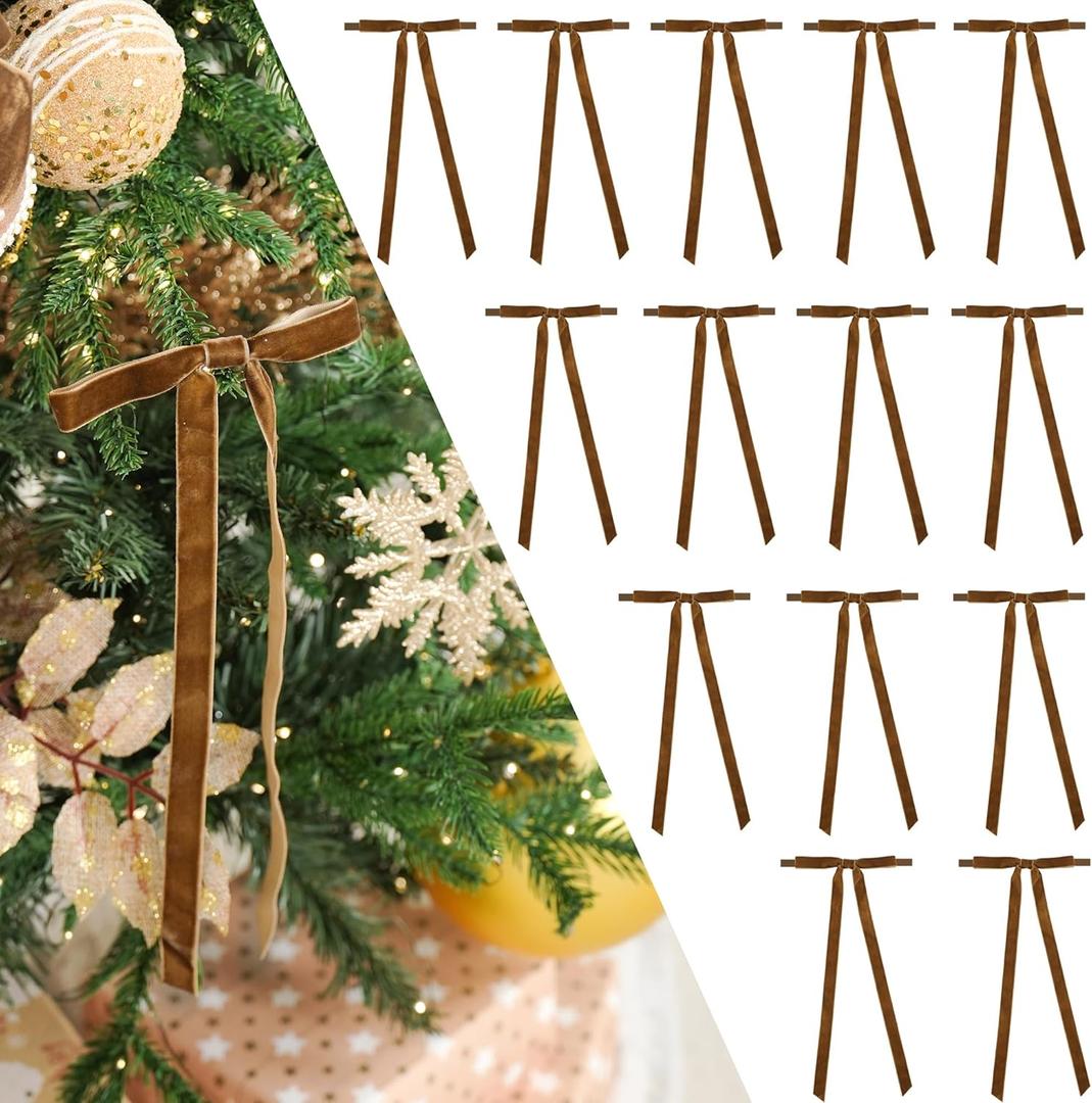 24 Pcs 5'' Velvet Christmas Bows with Long Tail, Premade Self-Tied Decorative Bows for Wreaths, Christmas Trees, Gift Wrapping, Party Favors, Wedding Decor (Brown)