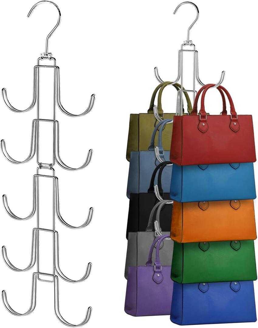 Purse Hanger for Closet, Collapsible Metal Purse Organizer with 20 Big Hooks(2 Pack), 360 Rotation for Better Organizer&Display, Foldable Bag Hangers Space Saving for Handbag, Belt, Scarve, Tie