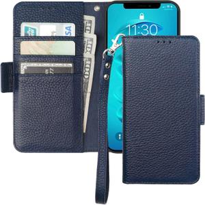 Bocasal Wallet Case for iPhone 14 Pro 5G, Genuine Leather Support Wireless Charging RFID Blocking Flip Case Card Slots Holder, Kickstand Book Folding Folio Cover with Wrist Strap 6.1 Inch(Royal Blue)