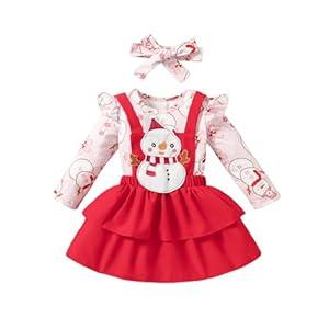BemeyourBBs Newborn Baby Girl Halloween Thanksgiving Christmas Outfit Ruffle Romper Suspender Skirt Set Overall Dress Clothes (Snowman Pink, 0-3 Months)