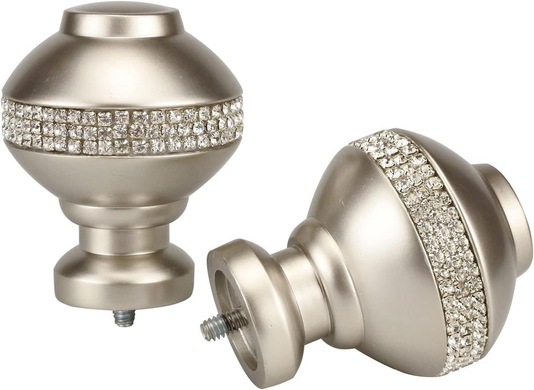 Decorative Curtain Rod Finials Luxury Rhinestones Silver Round Finials, Set of 2, Compatible with 1'' or 1-1/8'' dia curtain rod, Standalone finial pair, Silver