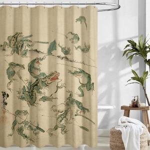 Linen Fabric Funny Frog Shower Curtain - Japanese Retro Bathroom Decor with 12 Hooks, Waterproof Natural Linen, 72x72 Inches