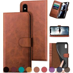 DuckSky for iPhone X/XS Genuine Leather Wallet case RFID Blocking4 Credit Card HolderReal Leather Flip Folio Book Phone case Protective Cover Women Men for Apple XS case Light Brown