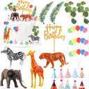 Hooqict 34 Pcs Safari Animal Cake Toppers with Mini Birthday Party Hats Party Animal Birthday Decorations Jungle Cake Decorations for Kids Wild Zoo Theme Party Decorations