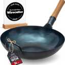 YOSUKATA 34 cm Pre-Seasoned Flat Bottom Blue Carbon Steel Wok for Stir Fry