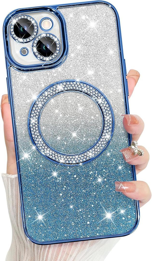 Bonoma Compatible with iPhone 15 Case Support for MagSafe, Plating Diamond Glitter Magnetic 2* Screen Protector Camera Protection Back Cover for Girls Women -Blue