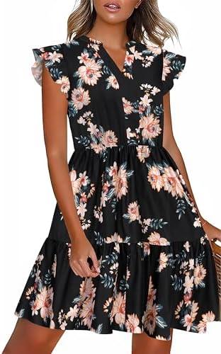 HOTOUCH Women Printed Dress for Summer Short Ruffle Sleeve Dress Tiered Mini Dress with Pockets Size S