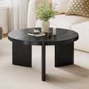 Luoxiao 27.5" Round Black Coffee Table for Living Room, Mid Century Modern Fluted Wood Center Table, Circular Sofa Table with Ribbed Base & Non-Slip Footpads for Small Space, Apartment, Easy Assembly