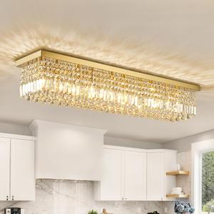 Siljoy 10-Light Modern Crystal Chandelier, Luxury Gold Rectangular Flush Mount Ceiling Light, Large Rectangle Raindrop Chandelier for Living Dining Room Kitchen Island Bar L47'' x W10'' x H10''